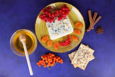 Peynir ile kalıp, meyve ve fındık koyu mavi arka plan, tarçın, karabuğday, kırmızı meyveler, pop art, minimalizm, Noel, peynir bir vegan için koyu mavi arka plan üzerinde bir tabakta bal ile peynir