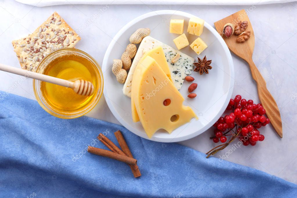 Cheese with mold and hard yellow cheese on a white plate, honey, nuts, red berries on a white background, cheese with holes for Christmas dinner, cheese background
