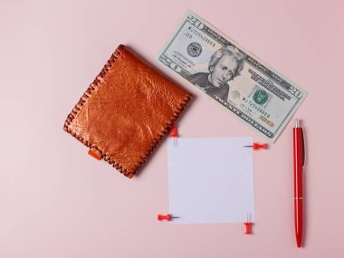 Wallet, dollars, money on the office table, red pen generating revenue, signing a contract, desk office manager, minimalism, pop art clipart
