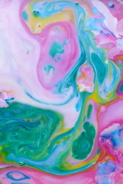 Pontos abstratos rosa verde no líquido, fundo cósmico rosa verde, textura pop art, fundo minimalista para o designer, padrão multicolorido, fundo sujo do líquido — Fotografia de Stock