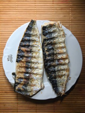 Bir bambu stand, Öğle Yemeği, basit gıda, üstten görünüm, boş alanı, Minimalizm, balık ızgara uskumru balık ev mutfak