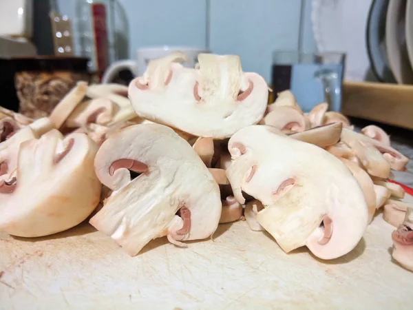 Sliced Mushrooms Board Champignons Cooking Mushrooms Home Kitchen Retro Style — Stock Photo, Image