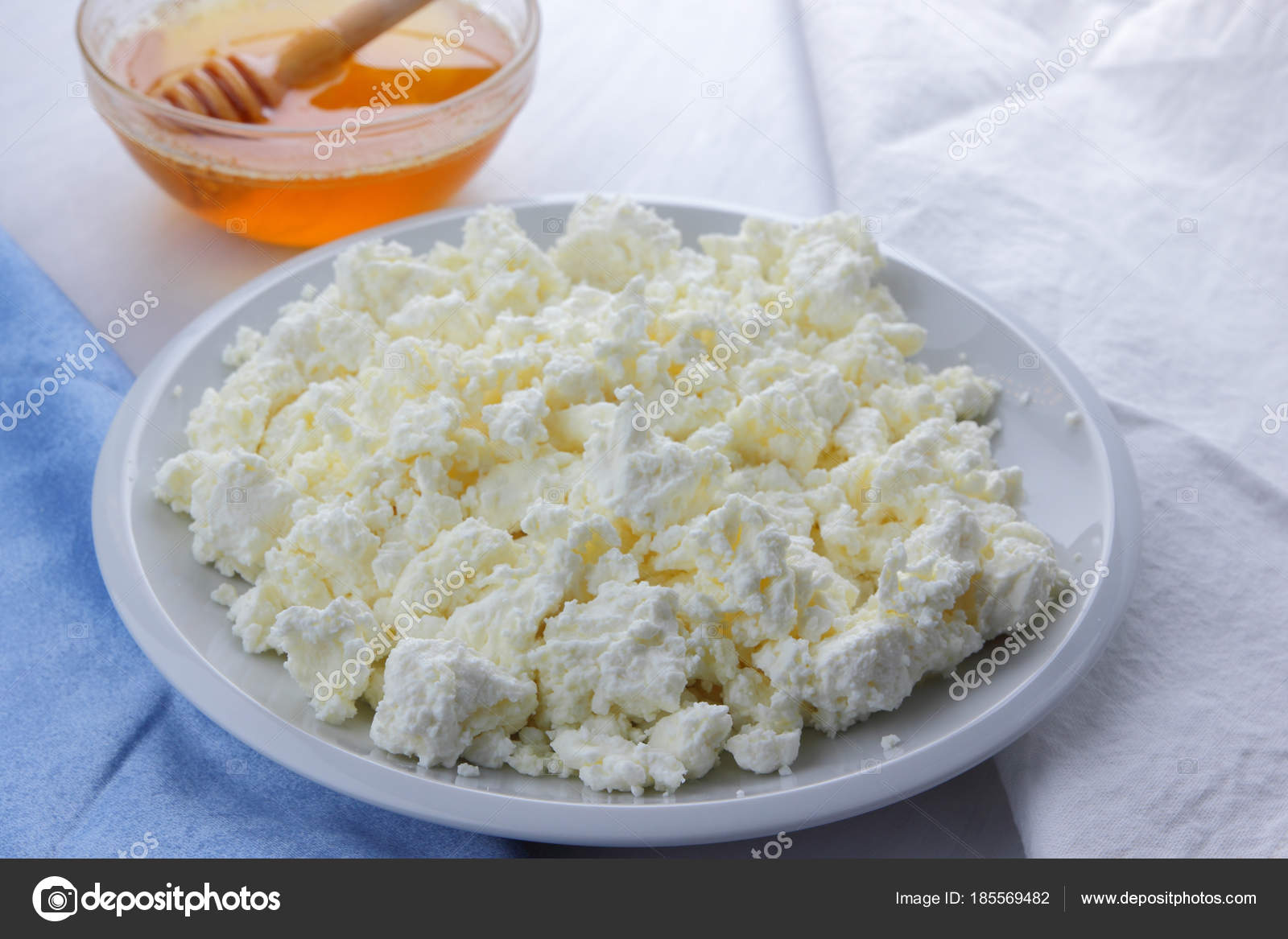 Fresh Cottage Cheese Honey White Background Soft Cheese Blue