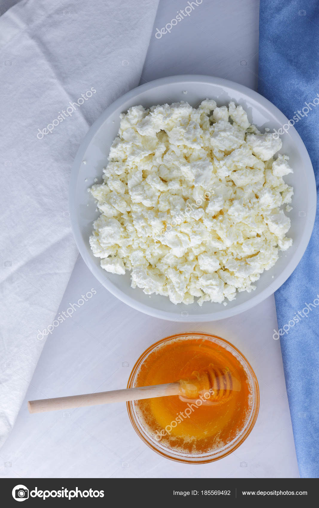 Fresh Cottage Cheese Honey White Background Soft Cheese Blue