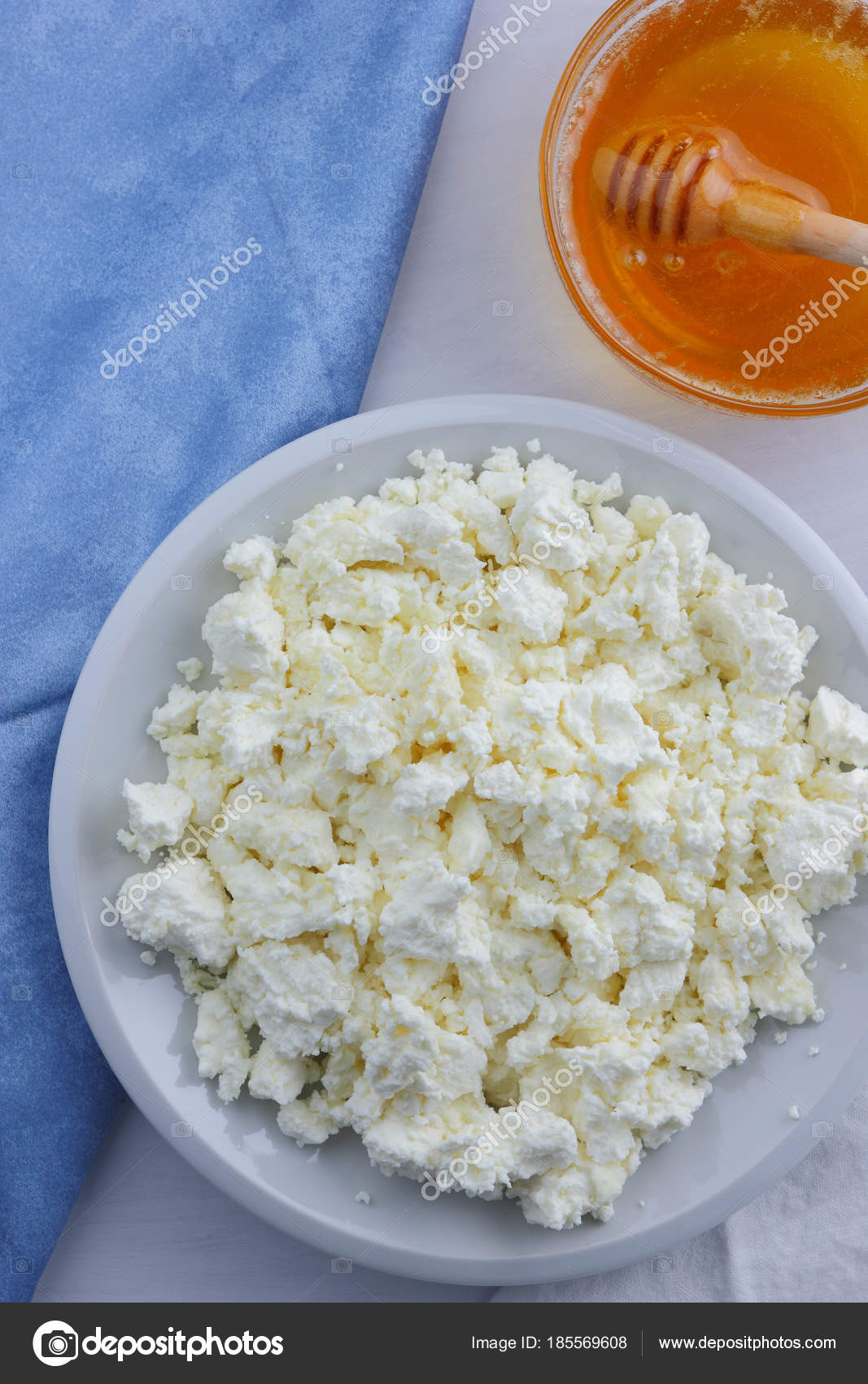Fresh Cottage Cheese Honey White Background Soft Cheese Blue