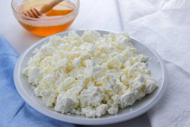 Beyaz arka plan, yumuşak peynir bir mavi peçete, tatlım, sağlıklı gıda, Fransız Kahvaltı, Amerikan mutfağı, minimalizm, süt ürünleri ile bal ile taze peynir lor keçi sütü ile