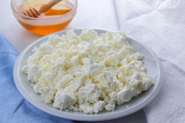 Fresh Cottage Cheese Honey White Background Soft Cheese Blue Napkin — Stock Photo, Image