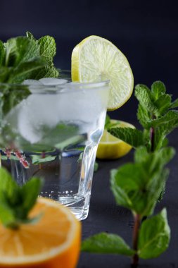 Mojito karanlık bir arka plan üzerinde yaz kokteyl limon ve nane, limon ile serinletici içecek, buz, kopya alanı, minimalist kokteyl kokteyl, kutlama içmeye taze nane