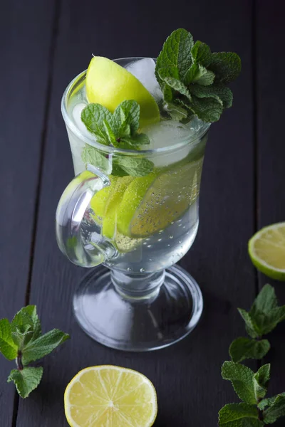 Karanlık bir arka plan üzerinde Mojito, limon ve nane, yaz kokteyl serinletici içecek içmeye kokteyl, minimalist kokteyl, kutlama buz, vegan, kopya alanı, limon, taze nane ile tasarımcı için boş