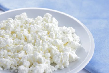 Peynir, taze peynir beyaz tabak, keçi peyniri ve mavi peçete, açık renkli, Fransız Kahvaltı, gıda, protein diyet, sağlıklı gıda, gıda, sağlık minimalizm süt ürünleri