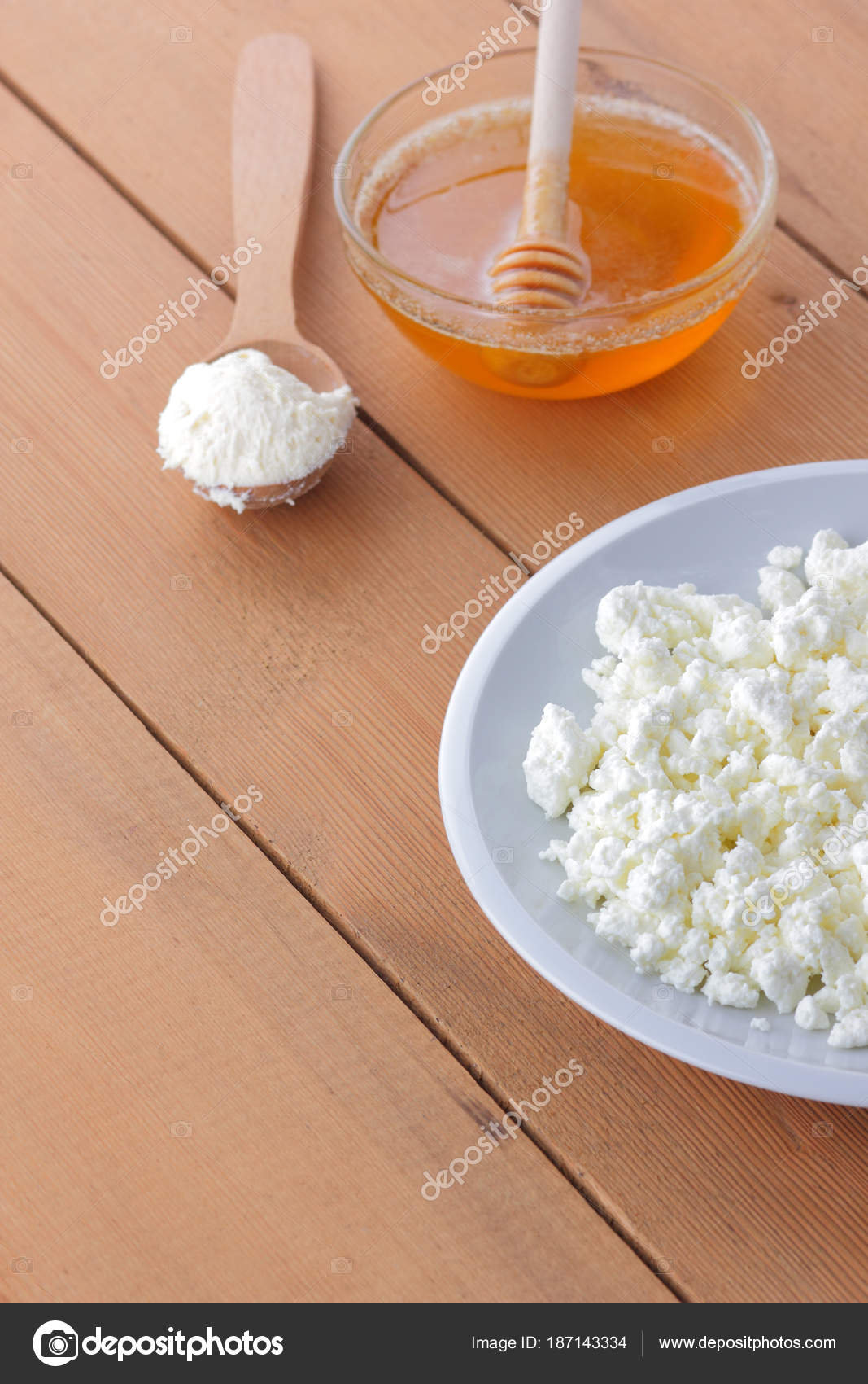 Cheese Fresh Cottage Cheese White Plate Wooden Spoon Cottage