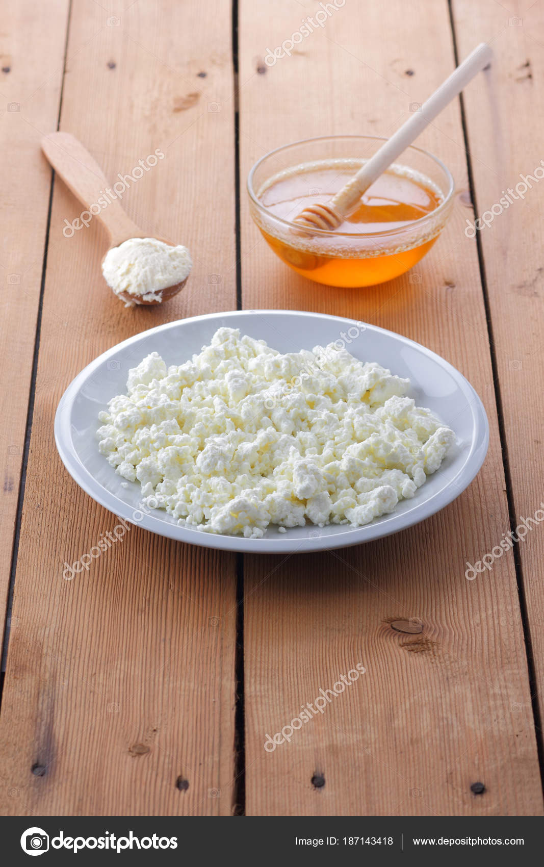 Cheese Fresh Cottage Cheese White Plate Wooden Spoon Cottage