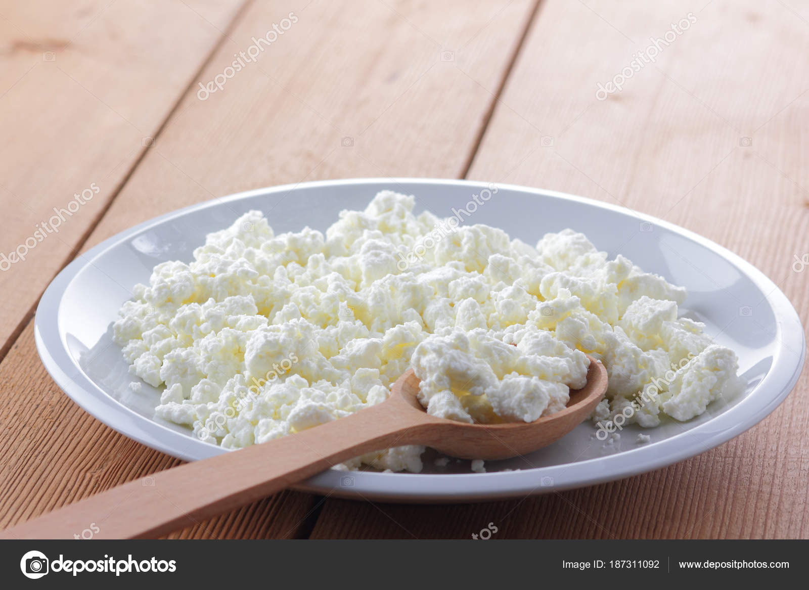 Cheese Fresh Cottage Cheese White Plate Wooden Spoon Curd Wooden