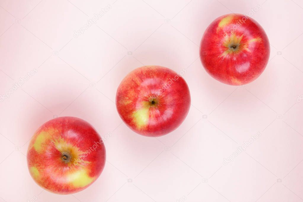 Apple, fruit pop art, red apple on a pink background, fruit for breakfast, vitamins, vegetarian food, pastel background, minimalism, blank for a designer, Asian food, American breakfast