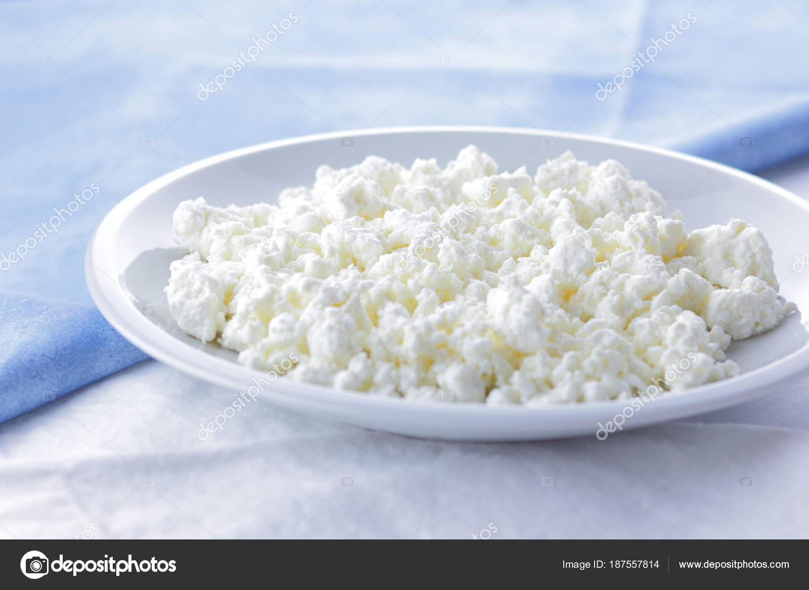 Cheese Fresh Cottage Cheese White Plate Goat Curd Blue Napkin