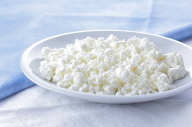 Peynir, taze peynir beyaz tabak, keçi peyniri ve mavi peçete, açık renkli, Fransız Kahvaltı, protein diyet, sağlıklı gıda, gıda, sağlık, sanat minimalizm süt ürünleri