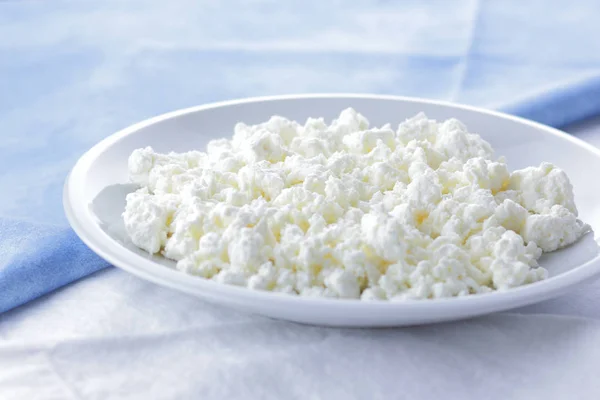 Cheese, fresh cottage cheese on a white plate, goat curd and blue napkin, dairy product on a light background, French breakfast, protein diet, healthy food, minimalism in food, health, art