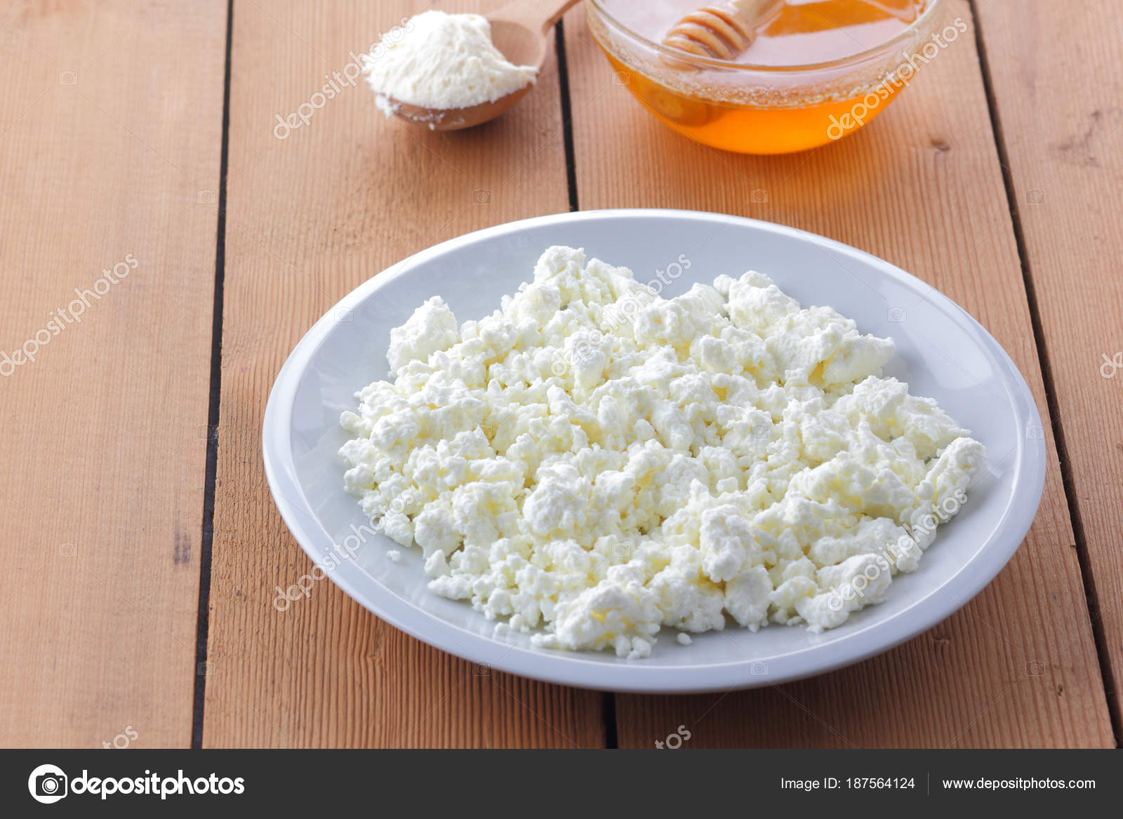 Cheese Fresh Cottage Cheese White Plate Wooden Spoon Cottage