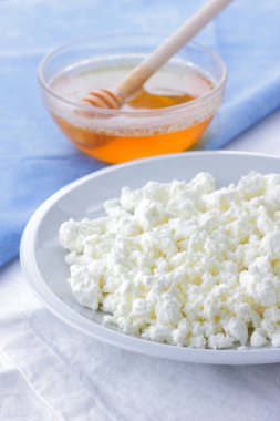 Peynir ve bal, taze cottage peynir bir beyaz tabak, keçi peyniri ve mavi peçete, açık renkli, Fransız Kahvaltı, beyaz peynir ve bal, sağlıklı gıda, minimalizm tatlım