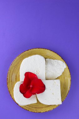 Peynir ve yaprakları kırmızı gül, mor bir arka plan üzerinde Yunan peynir, beyaz peynir süt ürünleri tarzında bir minimalizm, sarı bir tabakta kopyalama alanı, Festival gıda, süt Kahvaltı, ultraviyole, sanat