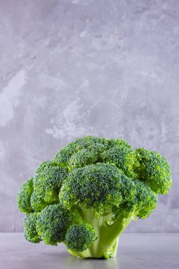 Çimento arka planında brokoli. Kopya alanı olan taze brokoli. Sağlıklı yeşil yiyecekler. Vejetaryen yemeği. Minimalizm
