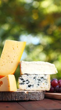 Camembert peyniri, sert peynir ve ahşap tahtada mavi peynir. Bulanık arka planda çeşitli peynir ve üzüm dilimleri. Ahşap tahtalarda Dorblu ve yumuşak peynir. Geniş Ekran