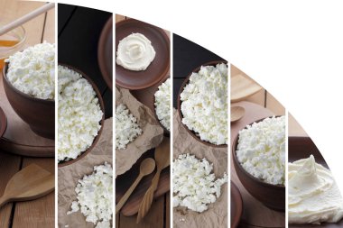 Kolaj süzme peyniri. Süt ürünleri ile arka plan. Doğal bir arka planda süzme peynir ve krema. Yemek kolajı. Boşluğu kopyala