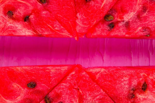 Wassermelonenscheiben Auf Rosa Hintergrund Wassermelone Scheiben Geschnitten Mit Kernen Kreatives — Stockfoto