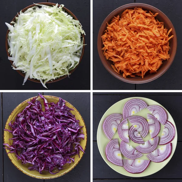 Food collage. Collage of cut vegetables. Collection of fresh vegetables for vegan. Vegetables slices: purple onions, different cabbage, carrots. Minimalism. Food concept. Top view