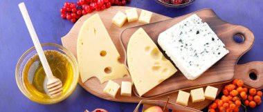 Peynir tabağı: ahşap tabakta meyveli çeşitli peynirler. Farklı tipte peynir ve bal. Klasik mavi arka planda sert peynir ve böğürtlen. Üst görünüm