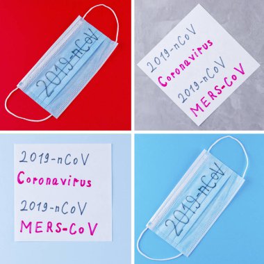 Kolaj - Coronavirus 2019-ncov. 2019 ncov yazılı koruyucu tıbbi maske. Çin koronavirüsü salgını. Mers-Cov Orta Doğu Solunum Sendromu Coronavirüs
