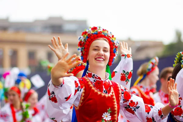 Festive Procession Colorful Costumes Different Clothes City Festival Carnival Procession — Stock Photo, Image