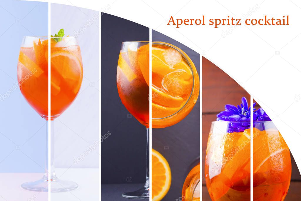 Aperol spritz cocktail. Traditioanal italian aperitif. Collage of Aperol spritz. Collage of alcoholic cocktail. Drink concept