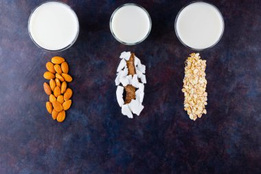 Vegan sütsüz alternatif süt. Hindistan cevizi, badem, arka planda ev yapımı yulaf sütü. Sütsüz sütün farklı türleri. Sağlıklı içki konsepti. Üst Manzara. Boşluğu kopyala