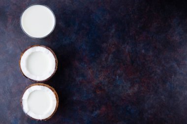 Hindistan cevizi sütü ve cam kaplı hindistan cevizi. Hindistan cevizi vejetaryen sütü ve fotokopi alanı. Sağlıklı içki konsepti. Alternatif süt. Düz yatıyordu