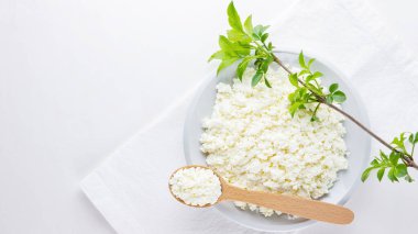 Beyaz arka planda beyaz tabakta süzme peynir. Yumuşak peynir ve tahta kaşık. Beyaz peçetede yeşil yapraklı süzme peynir ve dal. Üst Manzara. Boşluğu kopyala
