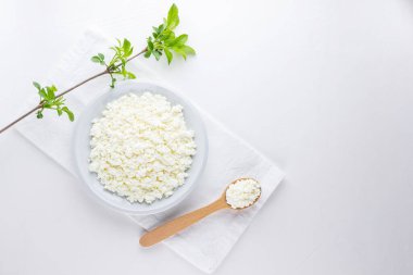 Beyaz arka planda beyaz tabakta süzme peynir. Yumuşak peynir ve tahta kaşık. Beyaz peçetede yeşil yapraklı süzme peynir ve dal. Üst Manzara. Boşluğu kopyala