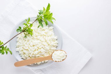 Beyaz arka planda beyaz tabakta süzme peynir. Yumuşak peynir ve tahta kaşık. Beyaz peçetede yeşil yapraklı süzme peynir ve dal. Üst Manzara. Boşluğu kopyala
