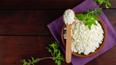 Ahşap tahtalardaki süzme peynir. Seramik kasede taze süzme peynir. Keten peçeteye yumuşak peynir ve tahta kaşık. Üst Manzara. Boşluğu kopyala