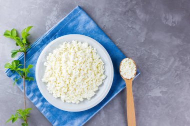 Gri arka planda beyaz tabakta süzme peynir. Yumuşak peynir ve çimentoda ahşap kaşık. Mavi peçetede yeşil yapraklı süzme peynir ve dal. Üst Manzara. Boşluğu kopyala