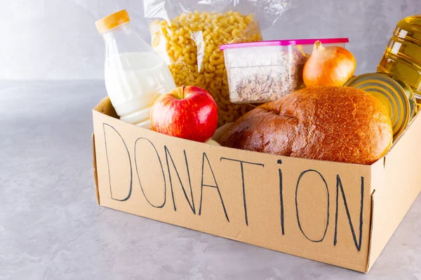 Donation Box Food Open Cardboard Box Oil Milk Canned Food — Stock Photo, Image