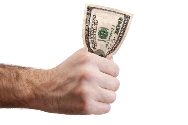 Man's hand holding hundred dollar banknotes — Stock Photo, Image