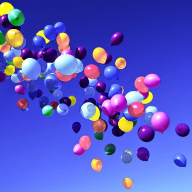 Renkli balonlar gökyüzünde uçan parti