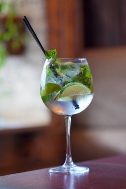 Cam tankı mojito Bar portre. Taze nane, limon, şeker ile serinletici içecek