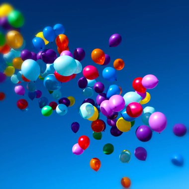 Renkli balonlar gökyüzünde uçan parti