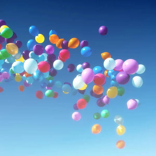 Разноцветные воздушные шары летят в небе партии — стоковое фото