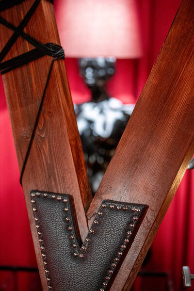 Sexual kink and erotic games concept. Complete sex toy kit set - cuffs, collar and leash for BDSM fantasy play and bondage restraints.