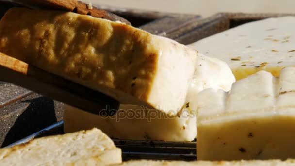 Grilování - grilování vegetariánské jídlo - tofu a sýrem - zblízka - 4k