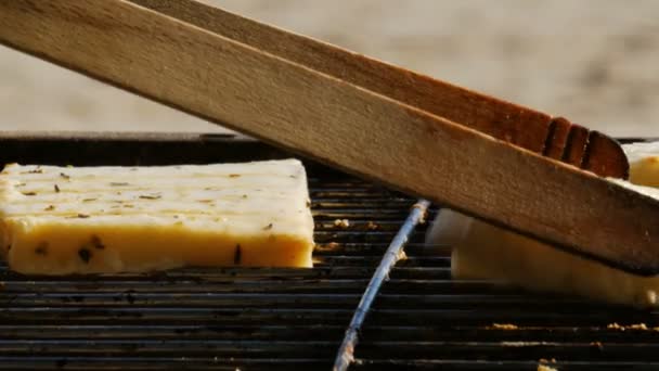 Grill - grillezés vegetáriánus ételek - tofu és a sajt - közelről - 4k — Stock videók