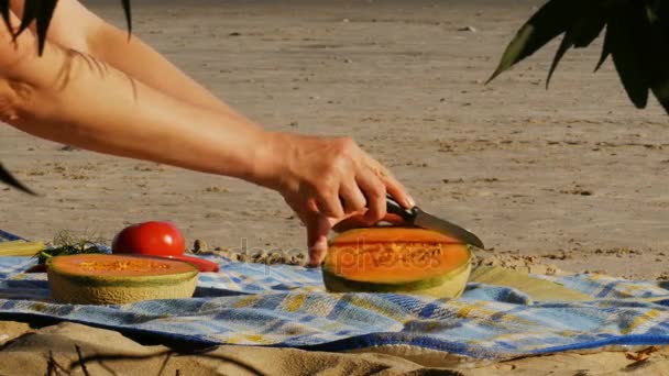 Piknik na plaży nad rzeką - cięcie melon - 4k — Wideo stockowe